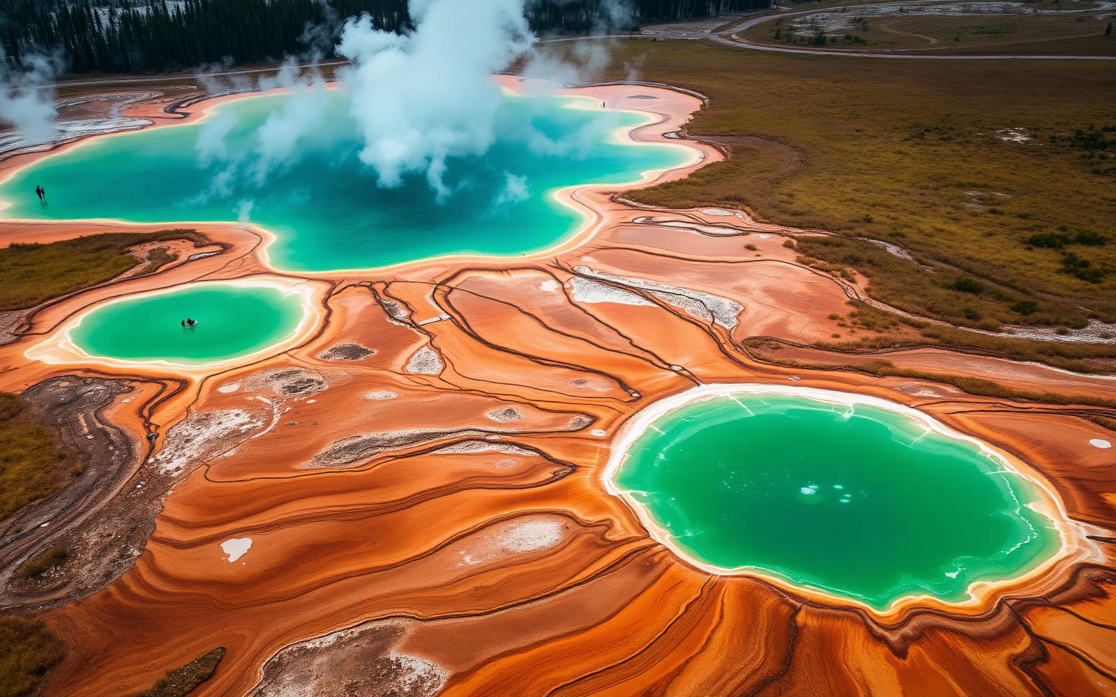 Aerial view of a vivid geothermal hot spring surrounded by wild terrain