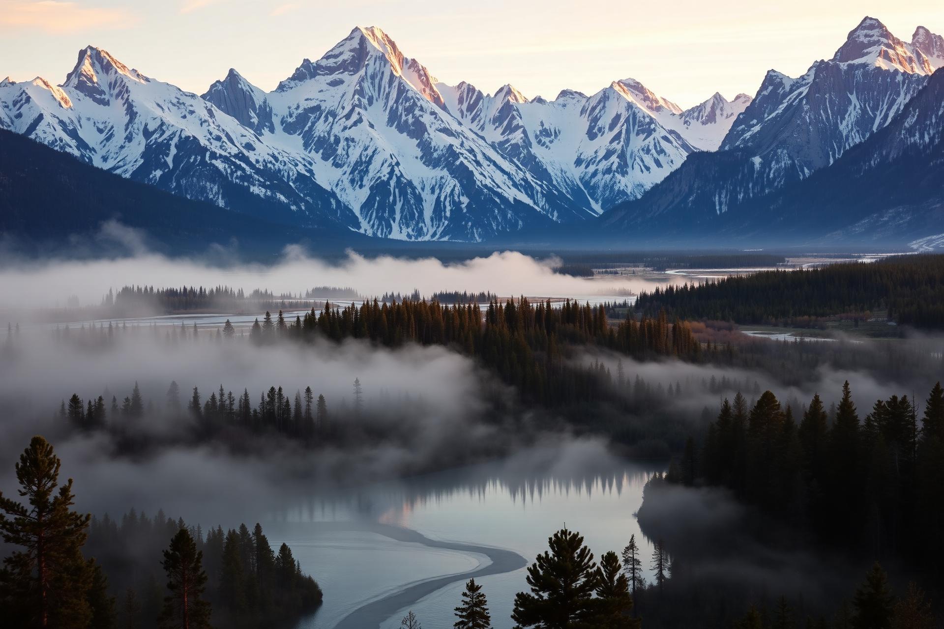 Snow-capped Teton peaks rising above a misty river valley at dawn